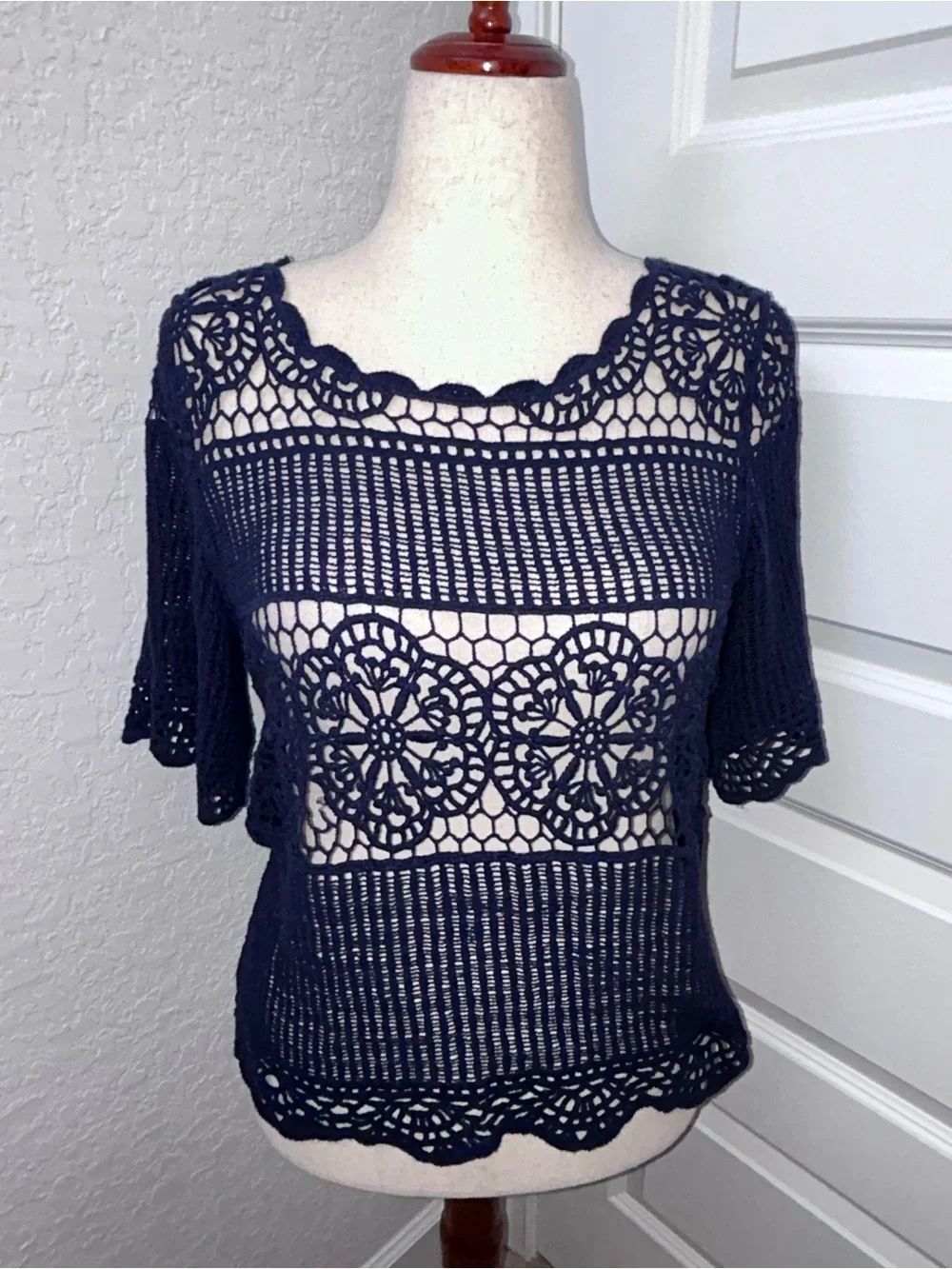 James Coviello Anthropologie Janice Lace Crochet Short Sleeve Shirt Top